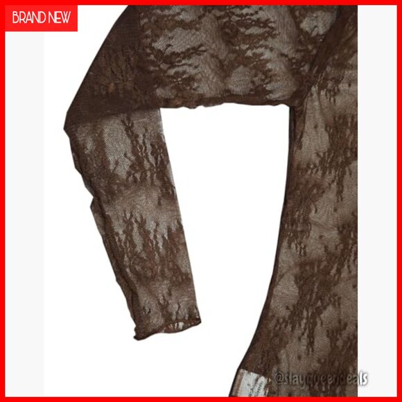 Long Sleeve Mesh Top Sheer Floral Embroidery Mock Neck Layering Tee - Picture 4 of 7